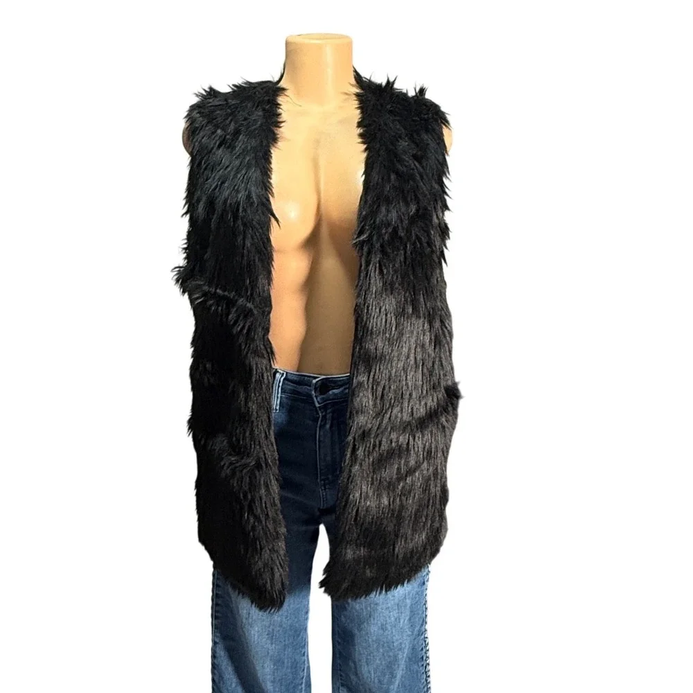 Gianni Bini Faux Fur Vest Womens Medium Black Excellent Shaggy Open Front Layer
